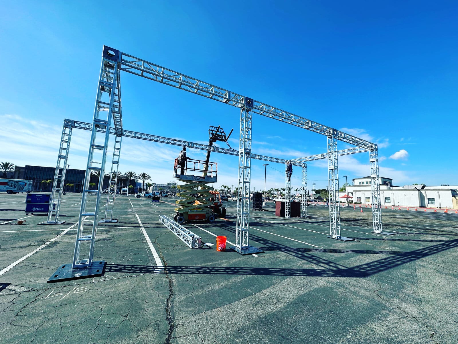 A truss roof structure being raised